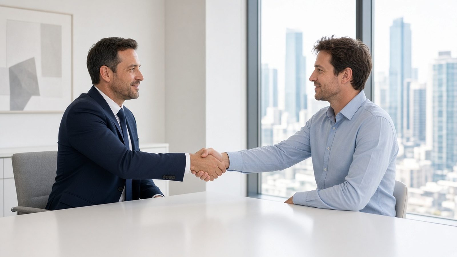 Two people shaking hands across a white table in a bright office