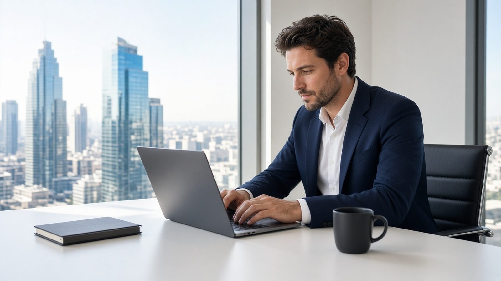 Investor working on a laptop at a desk overlooking city towers