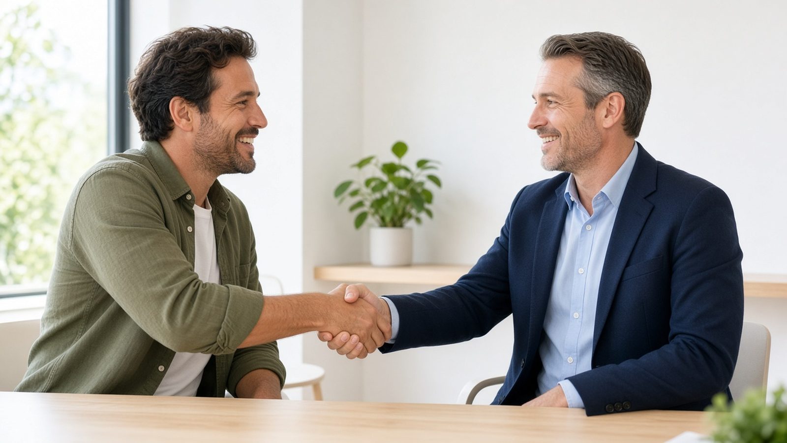 Client and financial advisor shaking hands across a table in a bright office