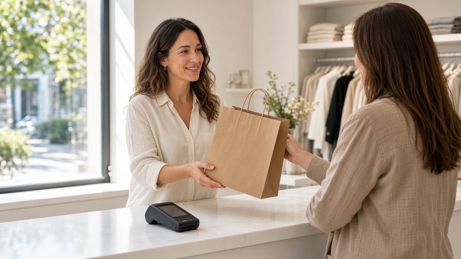 Shop owner handing a paper bag to a customer across a counter with a card terminal