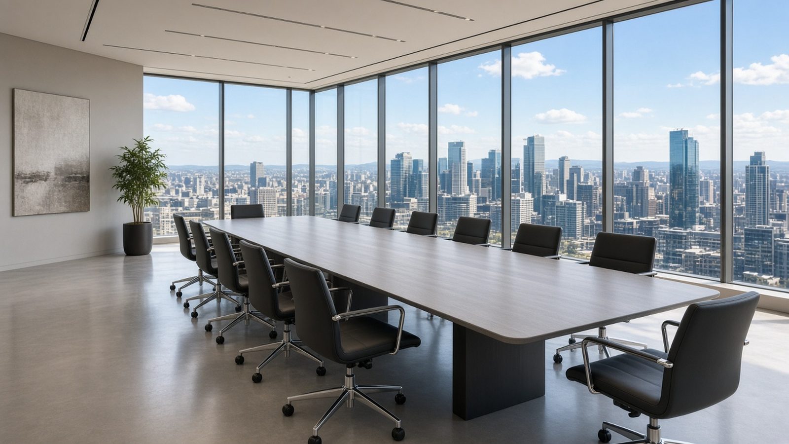 Empty boardroom with a long conference table and a city skyline through floor-to-ceiling windows