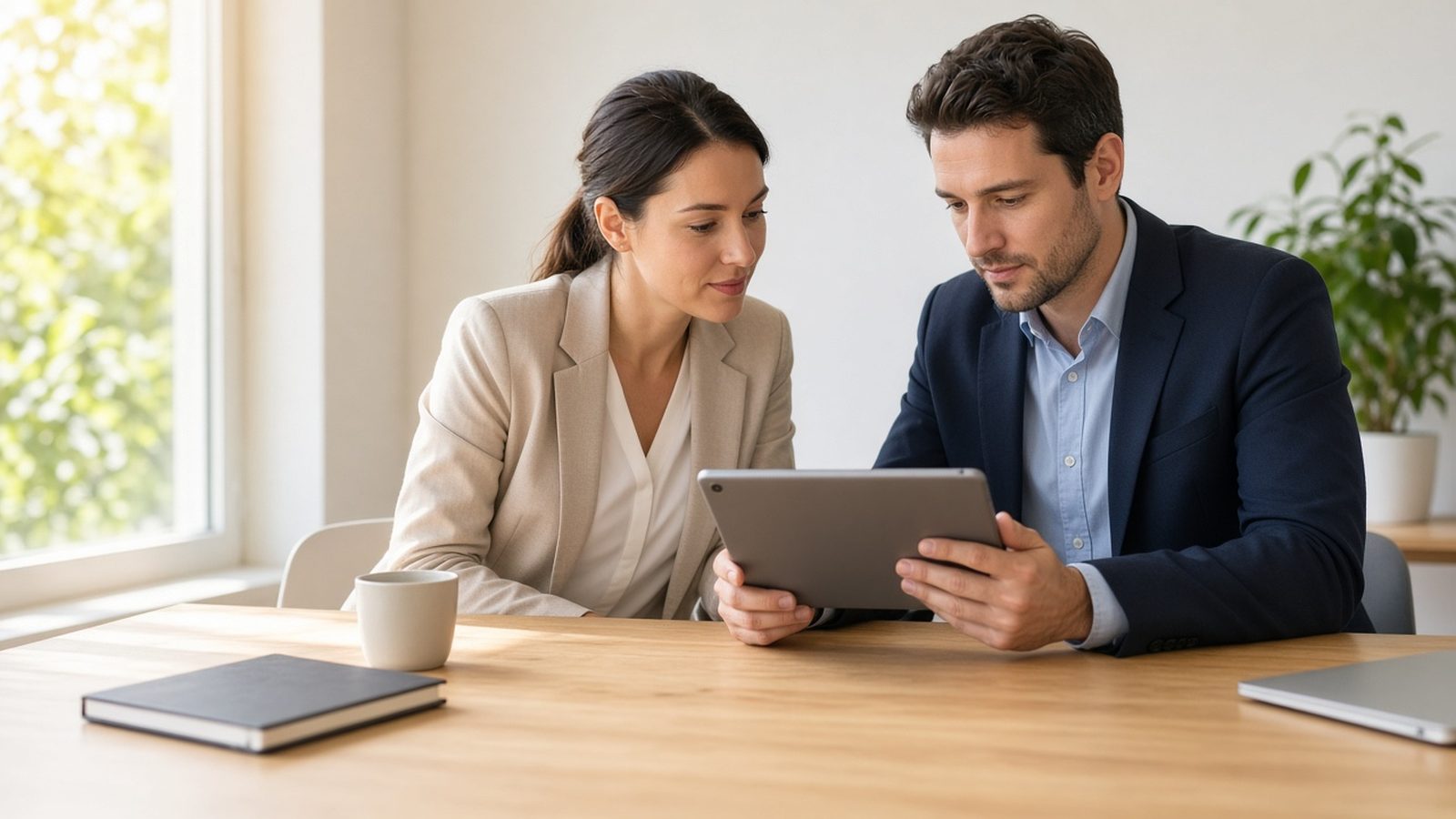 Two colleagues at a wooden table reviewing documents on a tablet