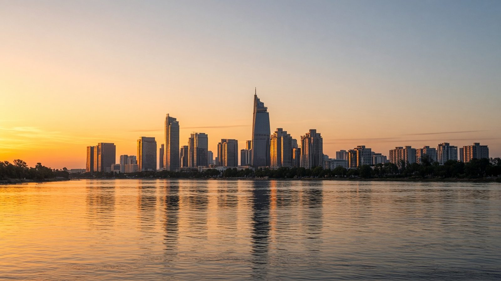 City skyline at sunset reflected in calm water