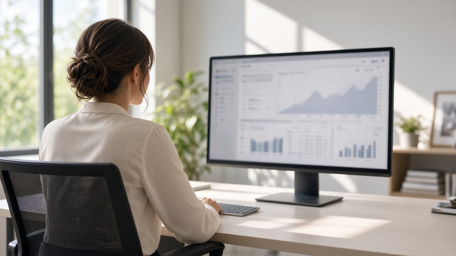A woman at a desk studying line and bar charts on a large computer monitor