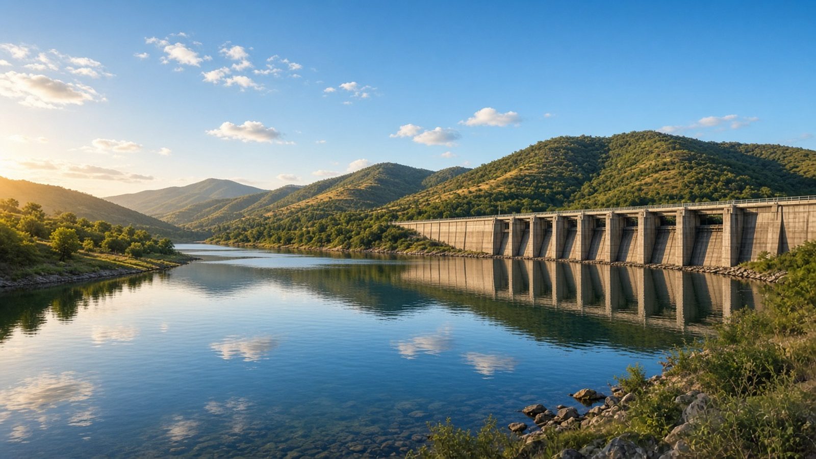 Concrete dam holding back a calm reservoir between green hills
