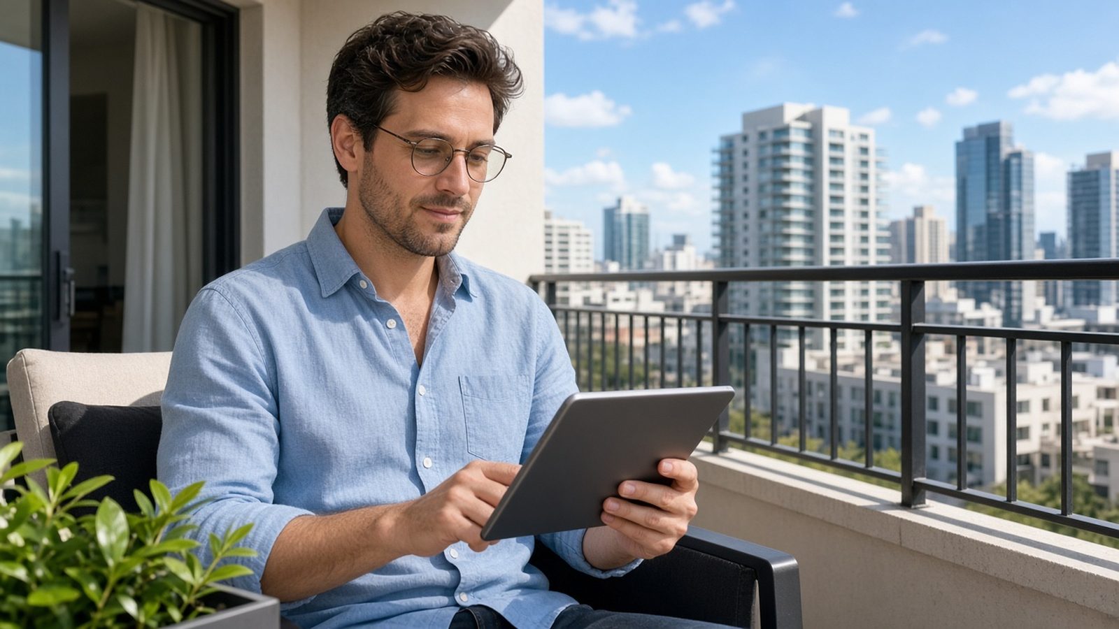 A man in glasses checking an account on a tablet while sitting on a city apartment balcony
