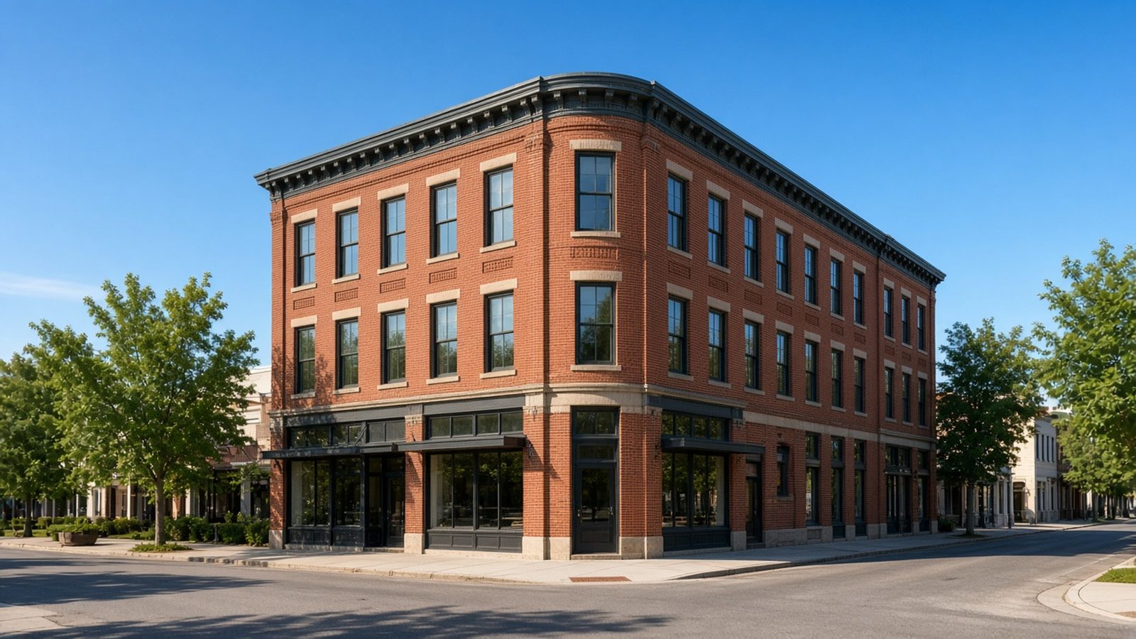 Three-story red brick commercial building on a sunny street corner